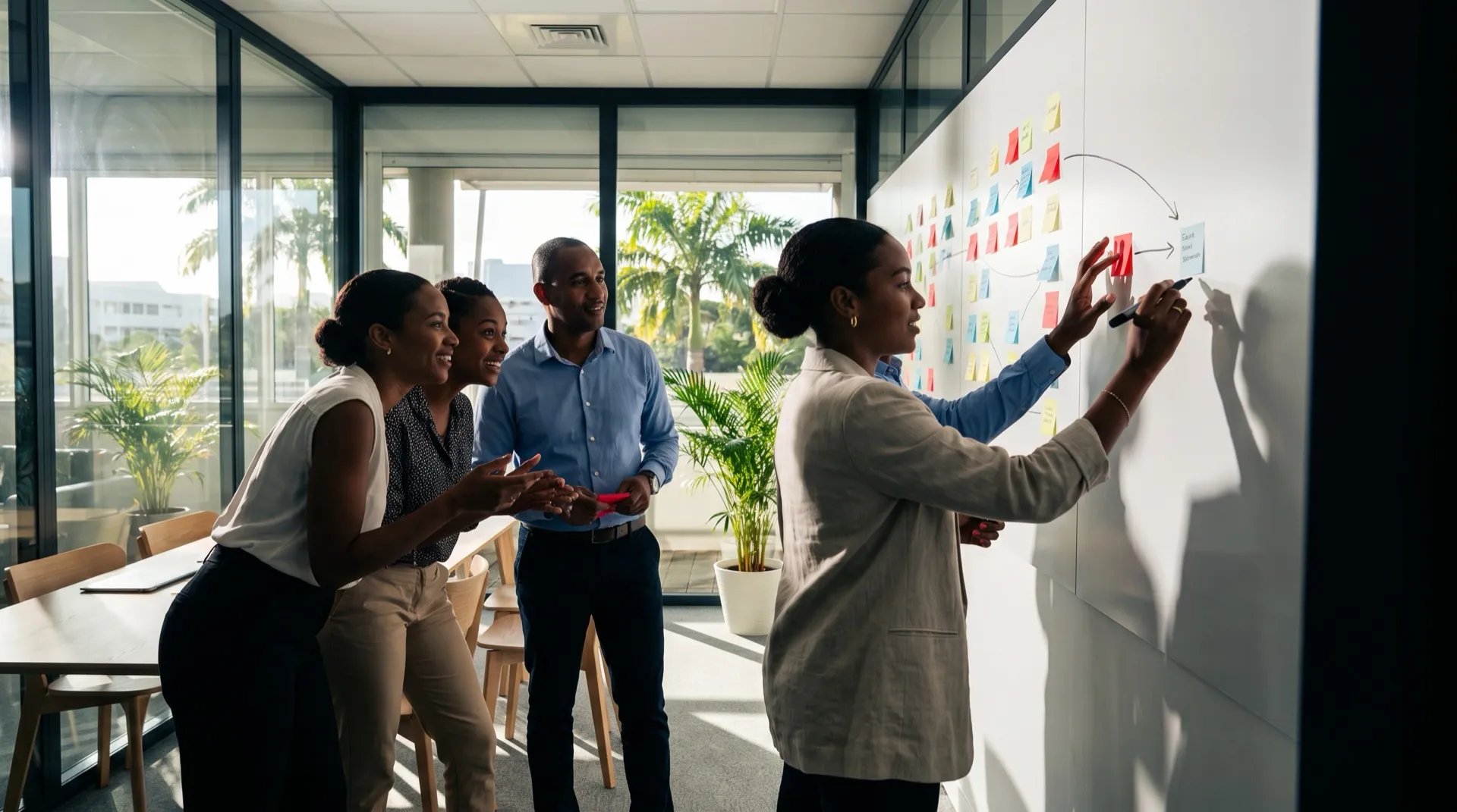 Dans une salle de réunion vitrée de la zone de Jarry, une équipe cartographie les circuits d’information de l’entreprise sur un mur de notes repositionnables