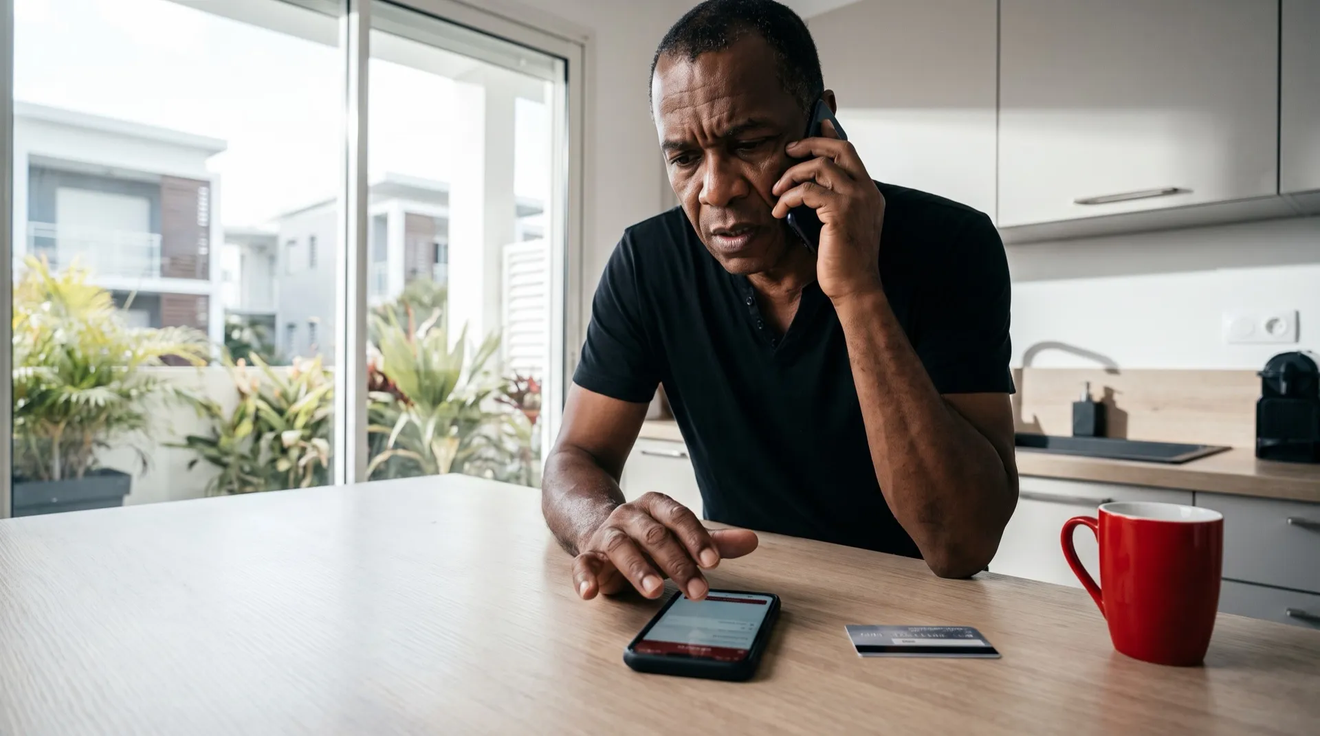 Dans une cuisine moderne, un homme d’une soixantaine d’années, inquiet, au téléphone, la main au-dessus d’une application bancaire, sa carte posée sur la table