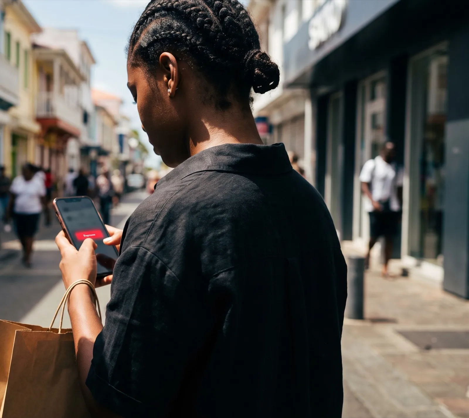 Dans une rue commerçante de Pointe-à-Pitre, une jeune femme regarde son téléphone, où un bouton rouge l’invite à payer des frais de colis