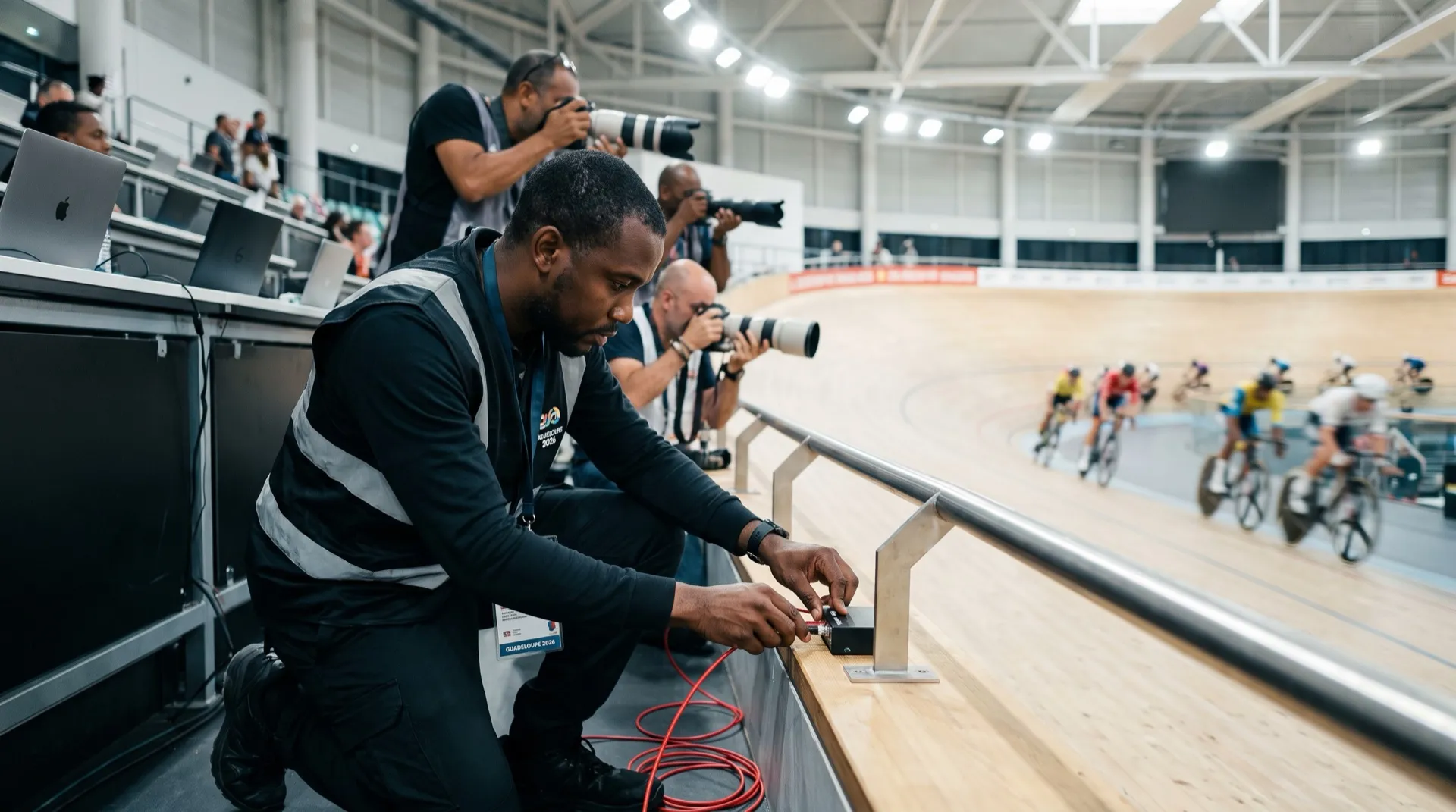 Au bord d’une piste de vélodrome, un technicien raccorde un câble de fibre rouge sous la rambarde de la zone presse, pendant que des photographes visent les coureurs au téléobjectif.