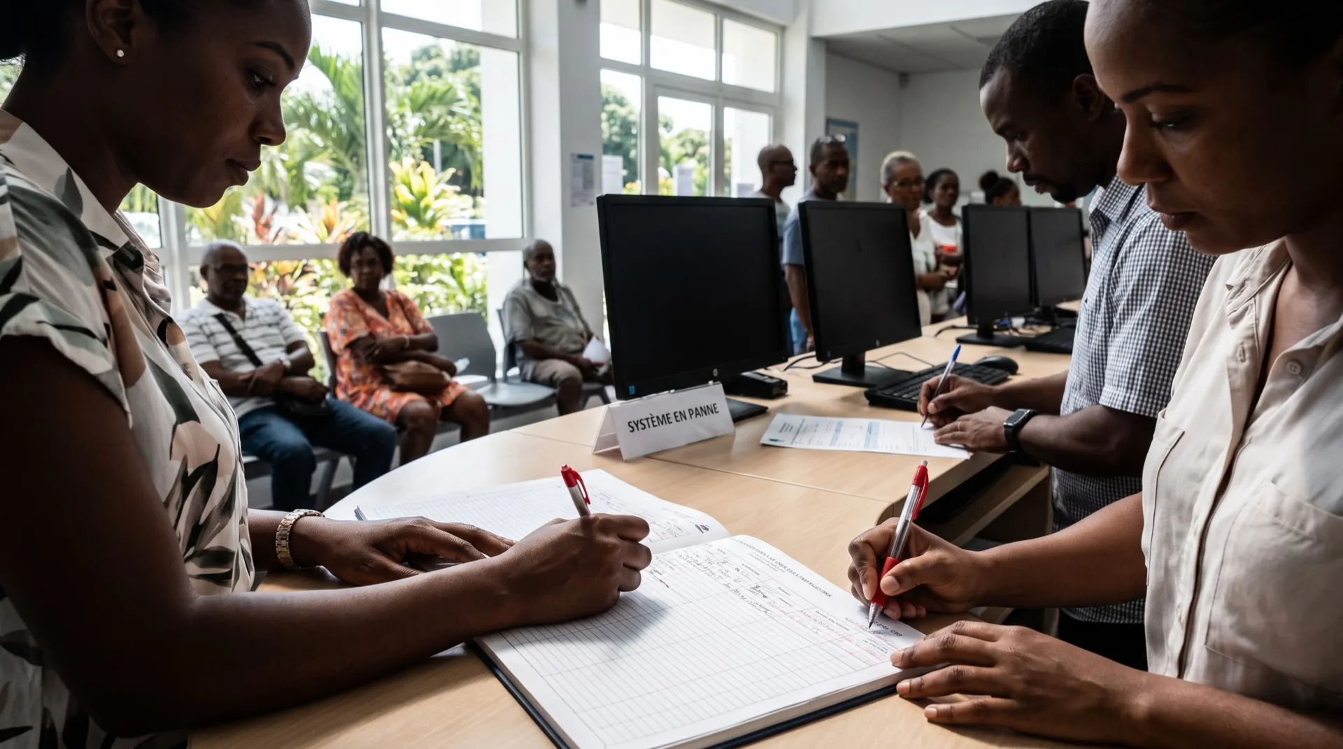 Dans le hall lumineux d’une mairie, les agents remplissent formulaires et registre à la main, écrans éteints, pendant que des habitants patientent