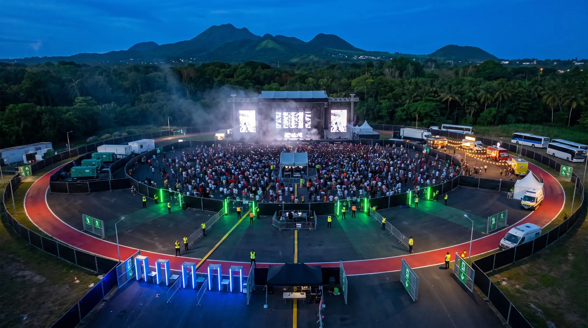 Plan d’implantation d’un festival en vue aérienne, devant les mornes de Guadeloupe : scène et écrans géants, régie au cœur du public, voie des secours peinte en rouge autour du site, portiques de filtrage à l’entrée, groupes électrogènes, food trucks, poste de secours et navettes à l’extérieur.