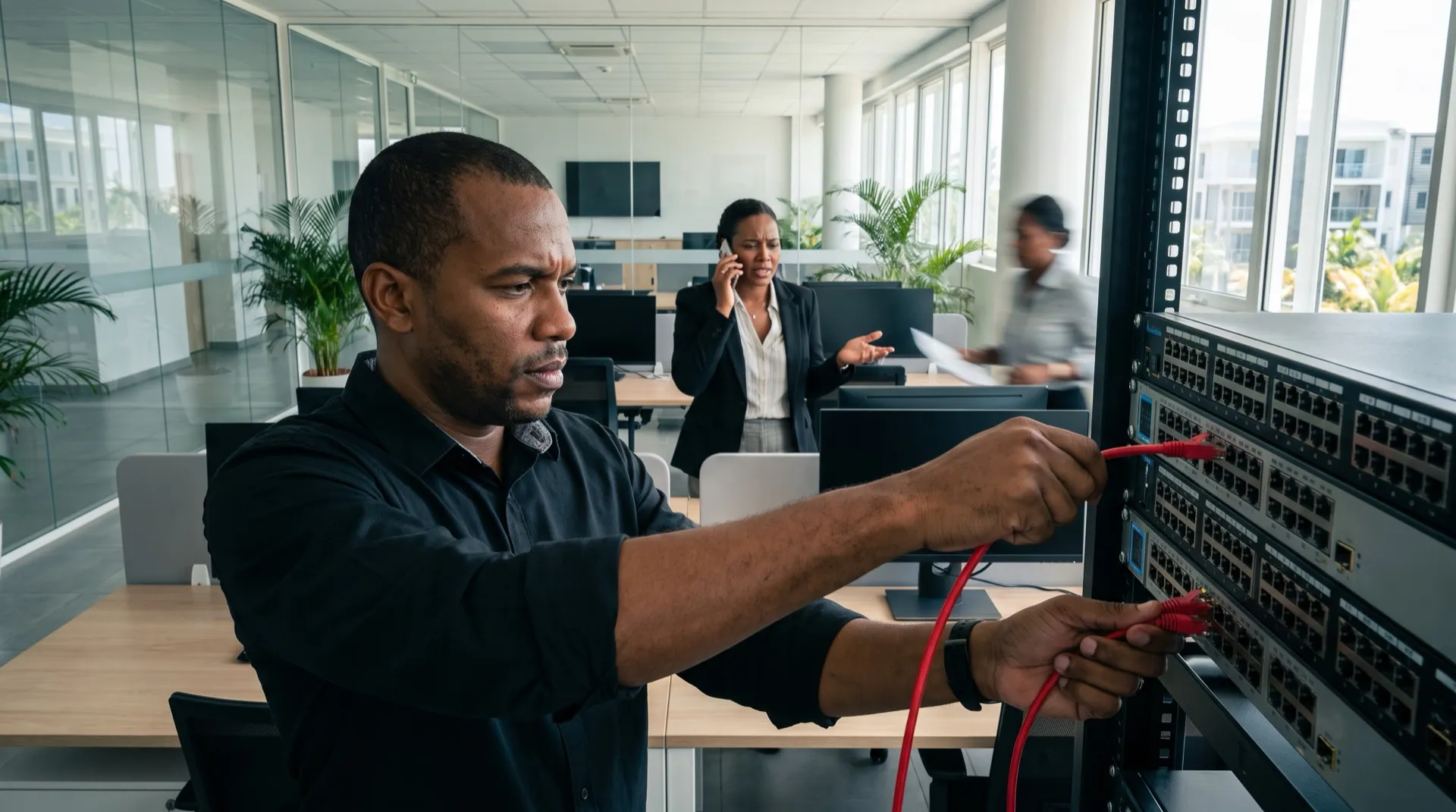 Dans un bureau administratif récent, un technicien débranche en urgence un câble réseau pendant qu’une responsable coordonne la crise au téléphone