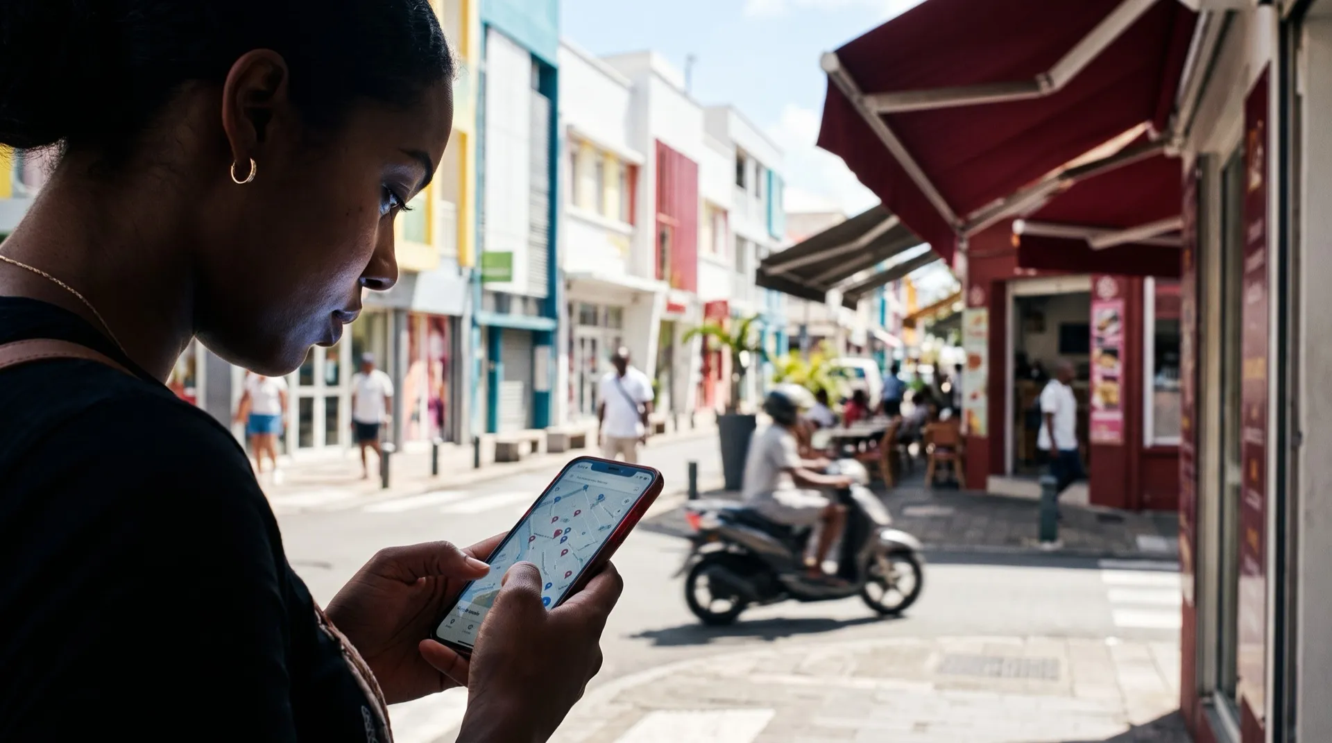Dans une rue commerçante rénovée de Pointe-à-Pitre, une jeune femme cherche une boutique sur la carte de son téléphone, un store rouge en face