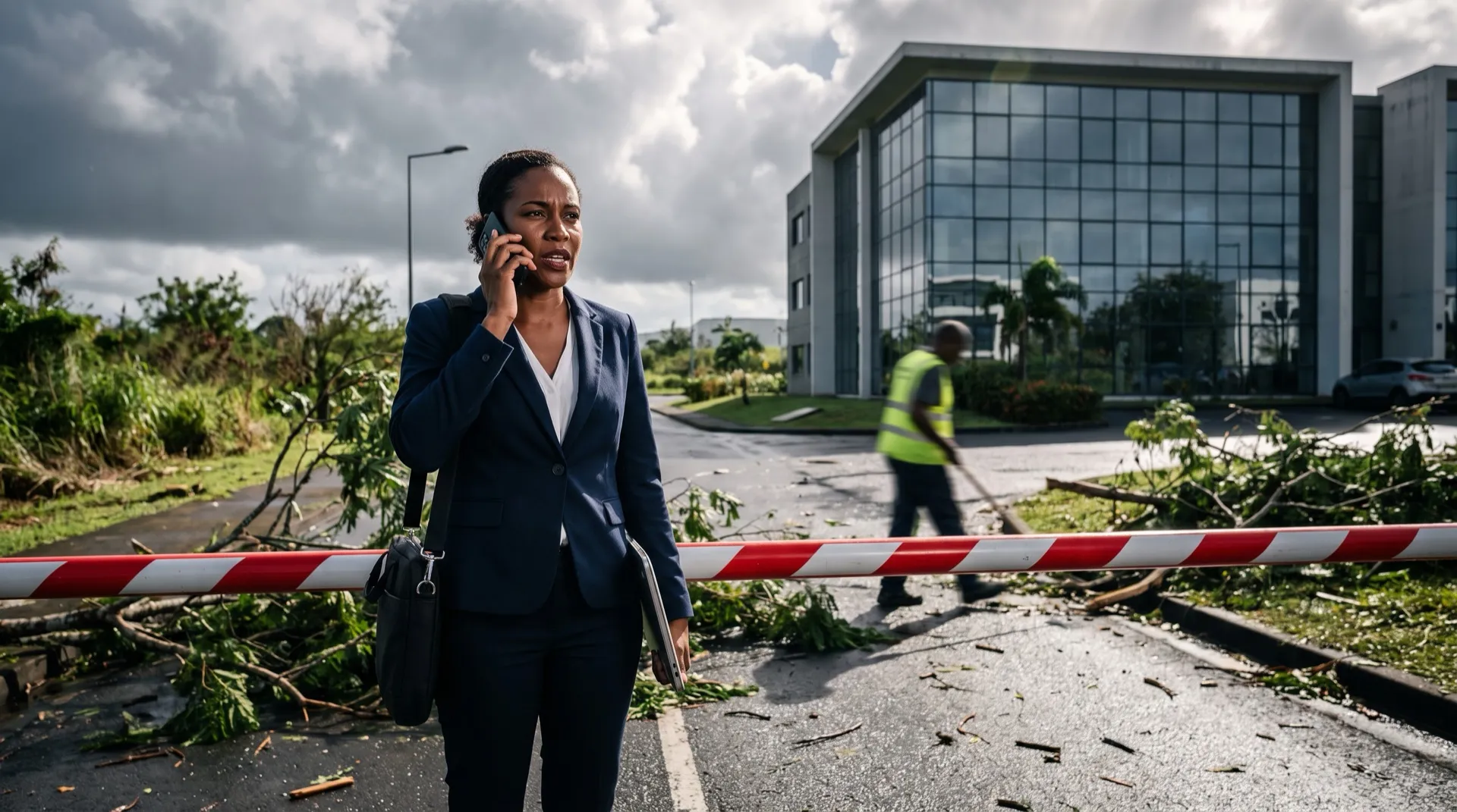 Au lendemain d’une tempête, une employée au téléphone s’arrête devant la rubalise qui barre l’accès à un parc d’activités, branches au sol, bureaux intacts derrière
