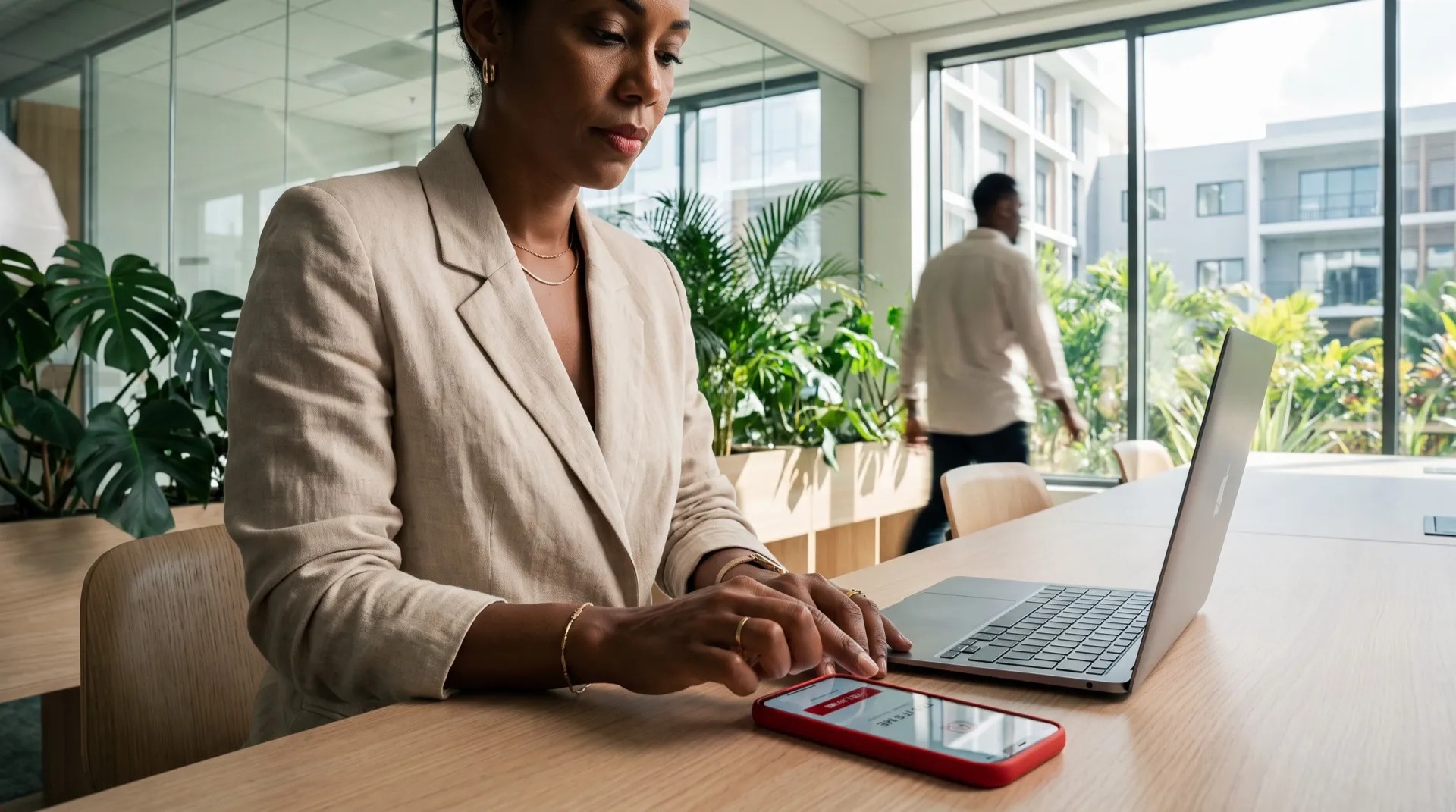 Dans un bureau récent et lumineux, une responsable informatique valide une connexion sur son téléphone rouge, à côté de son ordinateur portable