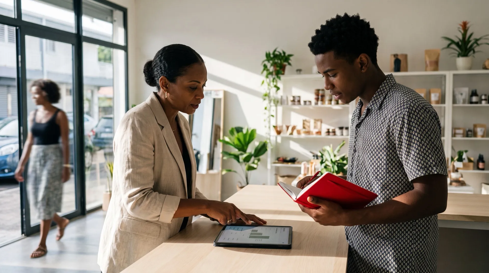 Dans un concept store, une gérante montre le tableau de bord de la semaine sur une tablette à un jeune employé qui tient un carnet rouge
